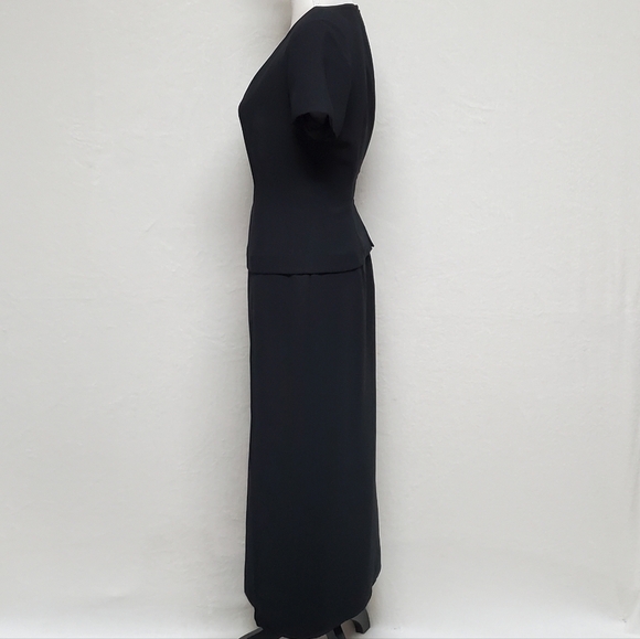 VINTAGE 90s Jones New York Black Crepe Split Button Hem Short Sleeve Maxi Dress - Picture 9 of 13